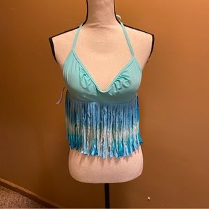 Women’s mint green and blue Apollo fringed bikini swimsuit top sz L NWT